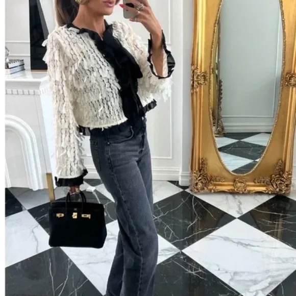 NWT Zara Ivory Ruffle-Trim Sheer Blouse - Picture 3 of 11